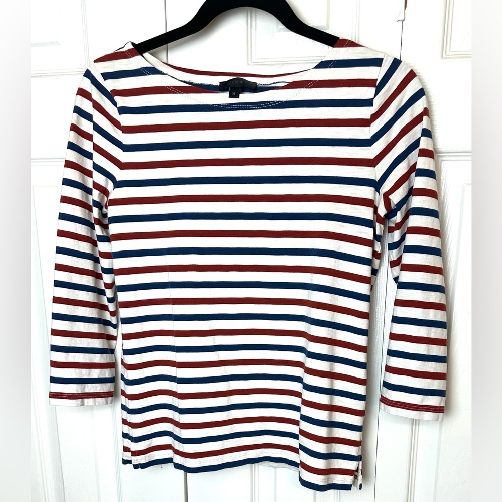 J. CREW Boat Neck Tee T-Shirt Top Blouse Ivory Blue Red Pullover Nautical Knit